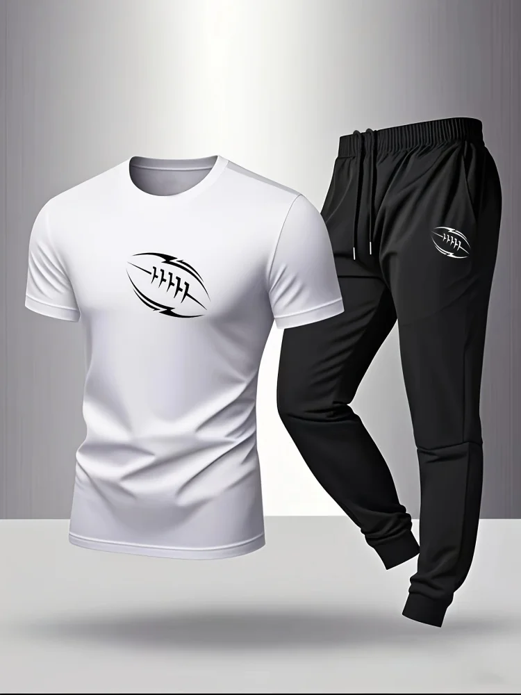 Men's Casual Set Summer New Arrivals Letter Print Crew Neck Short Sleeve T-Shirt & Breathable Casual Pants Two-Piece Set