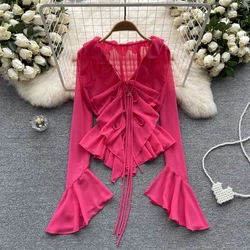 Chic Sweet Asymmetric Ruffle Flare Long Sleeve V Neck Blouse Slim Chiffon Elegant Korean Fashion Top Sexy Women Shirt