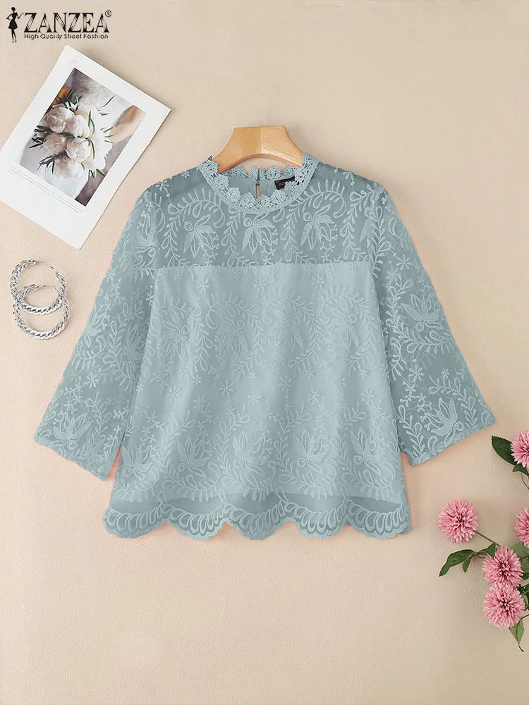 Zanzea outono blusa moda elegante férias rendas crochê camisas femininas o pescoço manga curta bordado topos casual trabalho blusas