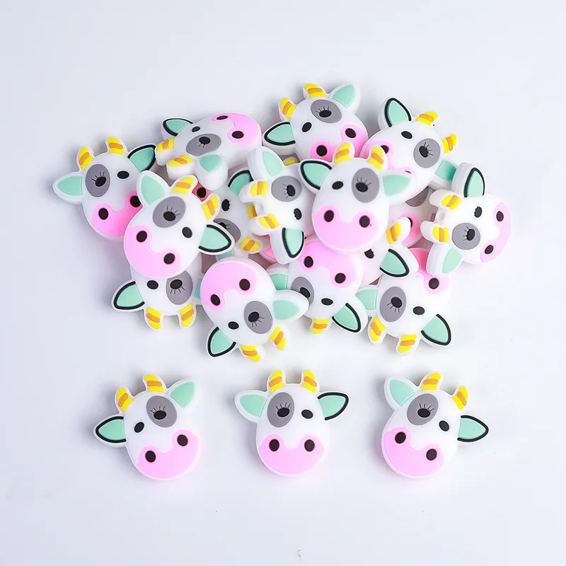 

10pcs New Cow Silicone Beads Cartoon Animal Beads DIY Pacifier Chain Baby Silicone Teething Chewing Toys Jewelry Accessories