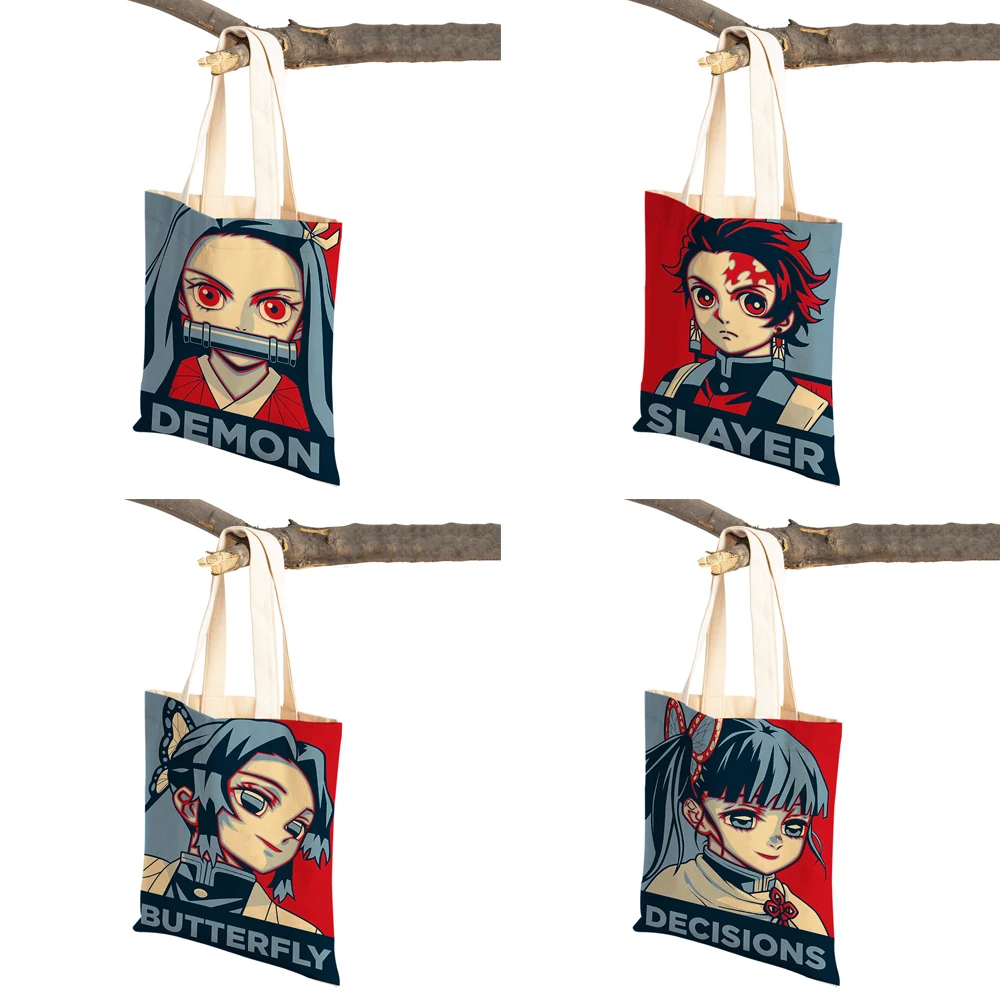 Demon Slayer Lady Shopping Bags Japan Anime Reusable Foldable Eco Canvas Women Shopper Bag Cartoon Travel Tote Handbag