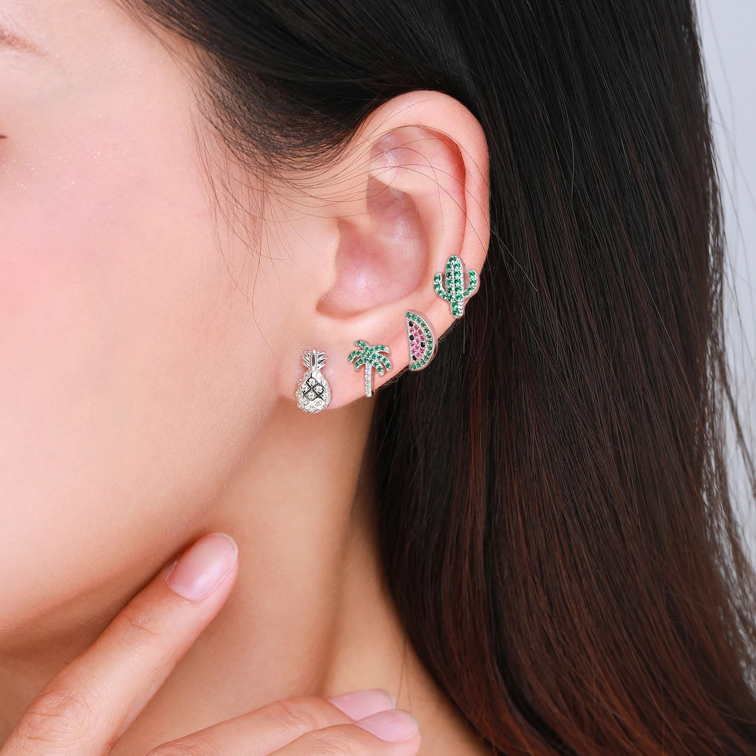 Modian 1PCS Pure 925 Sterling Silver Cute Watermelon Cactus Coconut tree Crystal Small Stud Earrings For Women Fine Jewelry