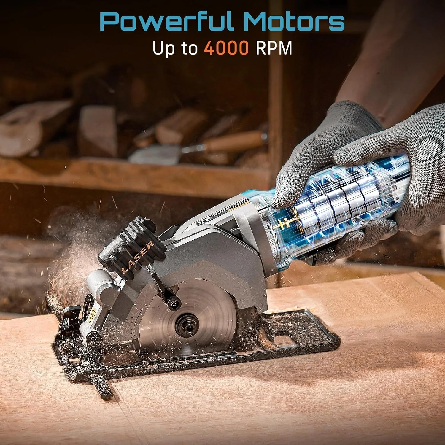 SEESII Mini Circular Saw 4.8A 4000RPM Corded Compact 4-1/2' Saw with Laser 45° Bevel Cut and Dust Extraction for Wood Metal Tile Cutting
