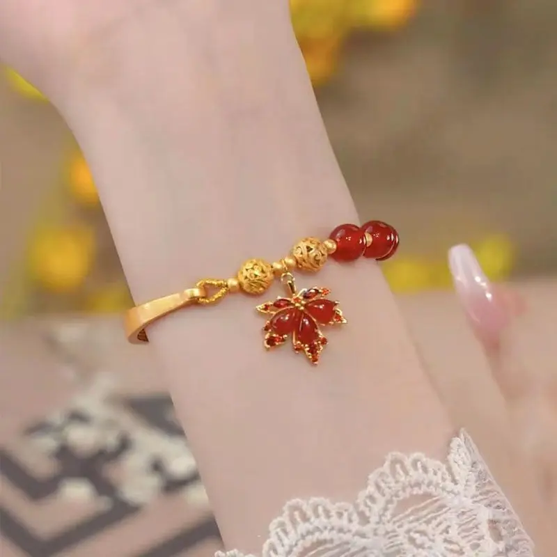 Fashion New Imitation 24K Gold Bracelet Red Maple Rabbit Red Agate Niche Bracelet Trendy Elastic Force HandString for Girlfriend