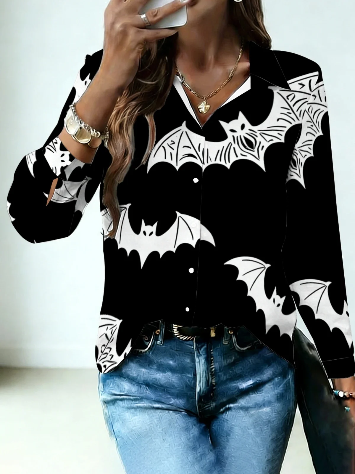 Gothic Night Club Line Bat Women Long Sleeve Shirt Solid Black Base Contrast White Outline Flying Bat Lapel Button Down Hallowee