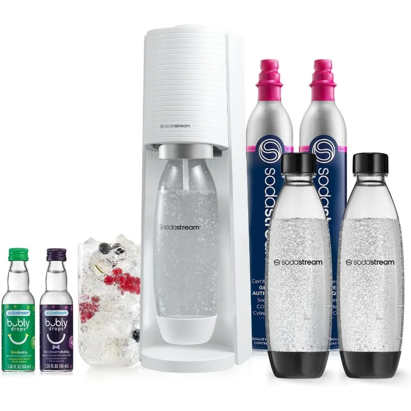 Paquete de fabricante de agua con gas SodaStream Terra (blanco), con botellas de CO2, DWS y sabores de gotas de burbujas