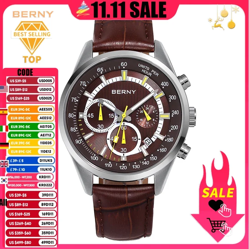 

BERNY Men Quartz Sports Wristwatch BERNY VD55 Date Leather Strap Chronograph Men Watch Top Brand Luxury Luminous Watch for Men