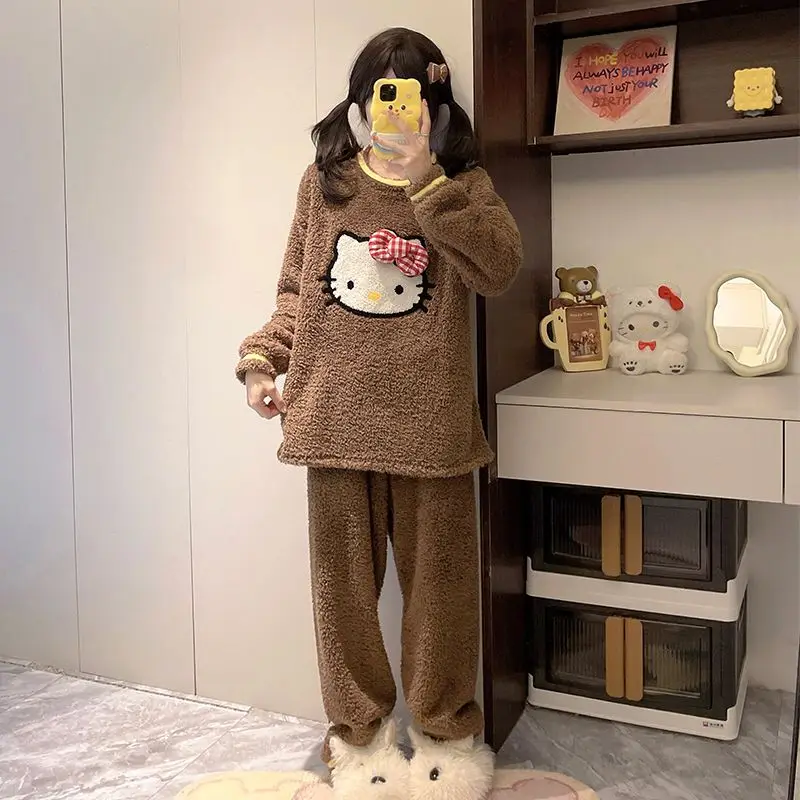 Kawaii Cartoon Sanrio Hello Kitty Korallen Fleece Pyjama Mädchen Winter Fleece-gefüttert verdickt Outdoor Loungewear Set Weihnachtsgeschenk