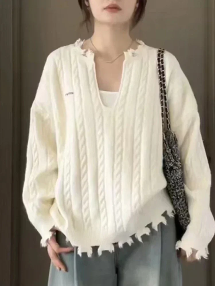 

Осень-зима, однотонные свободные вязаные женские пуловеры, бежевый, серый, с v-образным вырезом, корейский топ, повседневная мода, уличные простые женские пуловеры