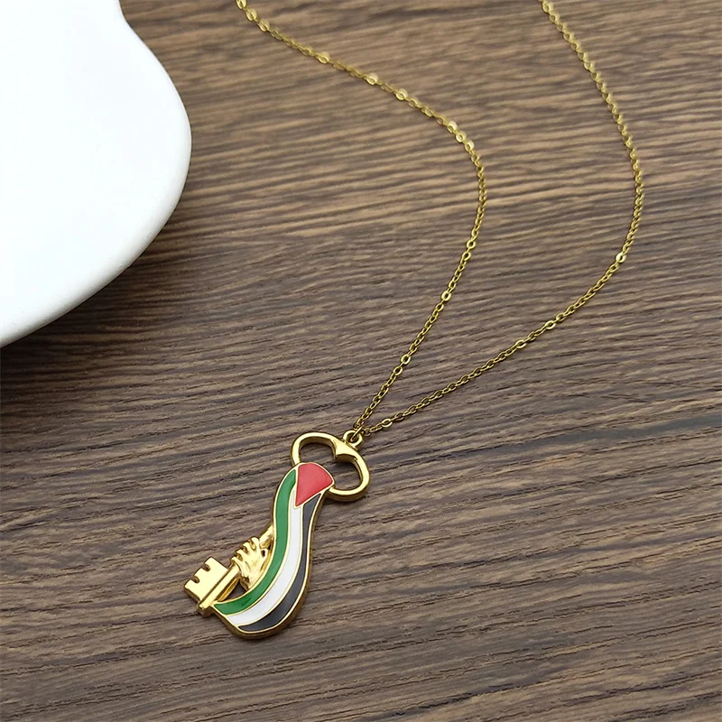 Arabic Palestine Map Flag Key Hand Necklace for Women Men Stainless Steel Enamal Gold Color Chain Jewelry Accessories collar view 4