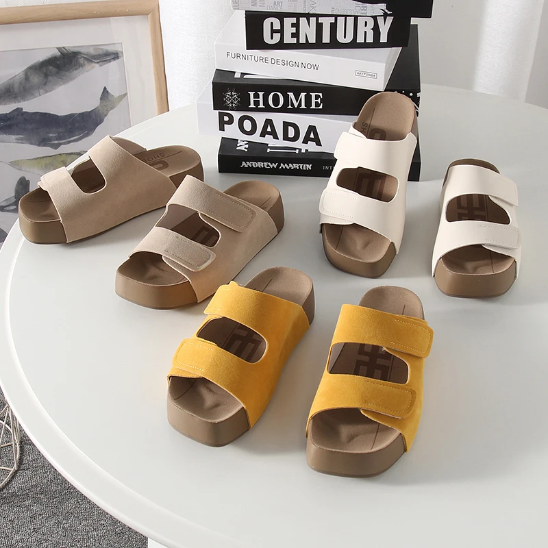 

Leather Version Slippers Women Outdoor Summer 2025 New Thi Bot Heightening Magic Tape Casual Open Toe f S...