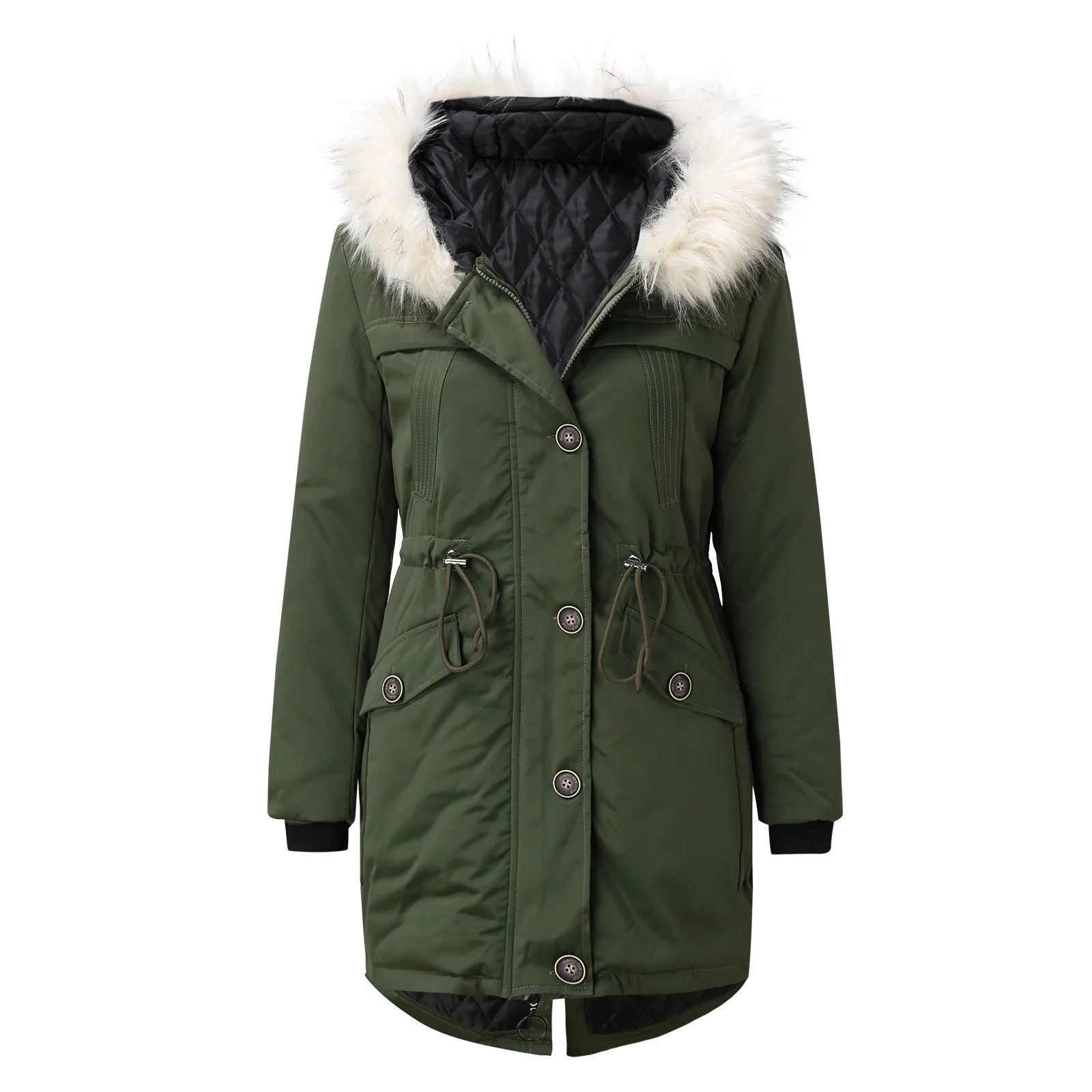 Lady Coat With Furry Hooded Plush Lined Mid Length Cold-proof Outerwear With Pockets And Drawstring Waist Daily Overcoat Jacket