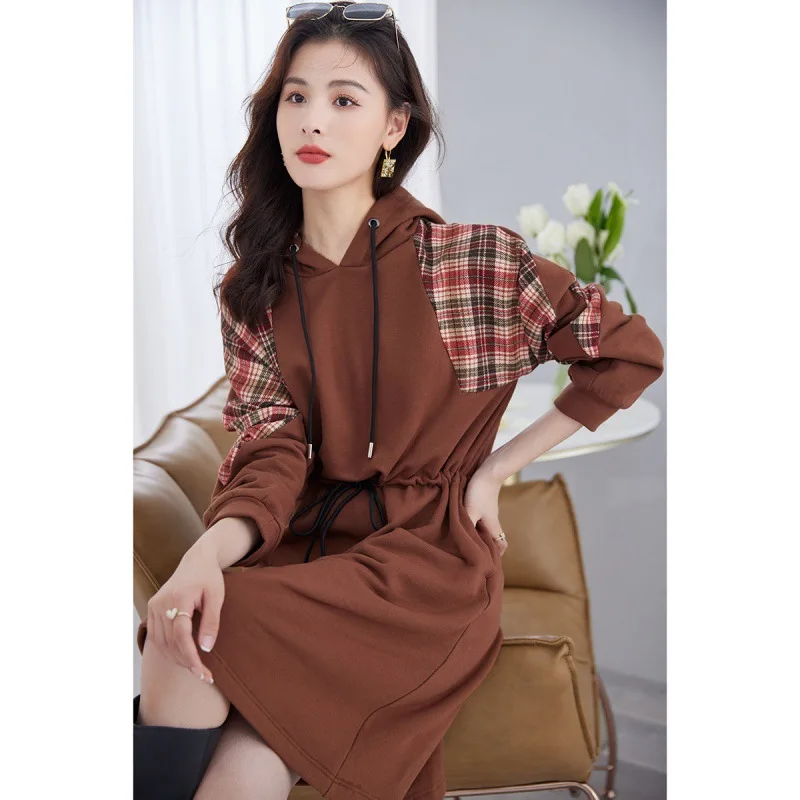 Mid-length Hooded Sweater Dress for Women Long Sleeve Waist Pulling Versatile Casual Fashion New Spring and Autumn 2024