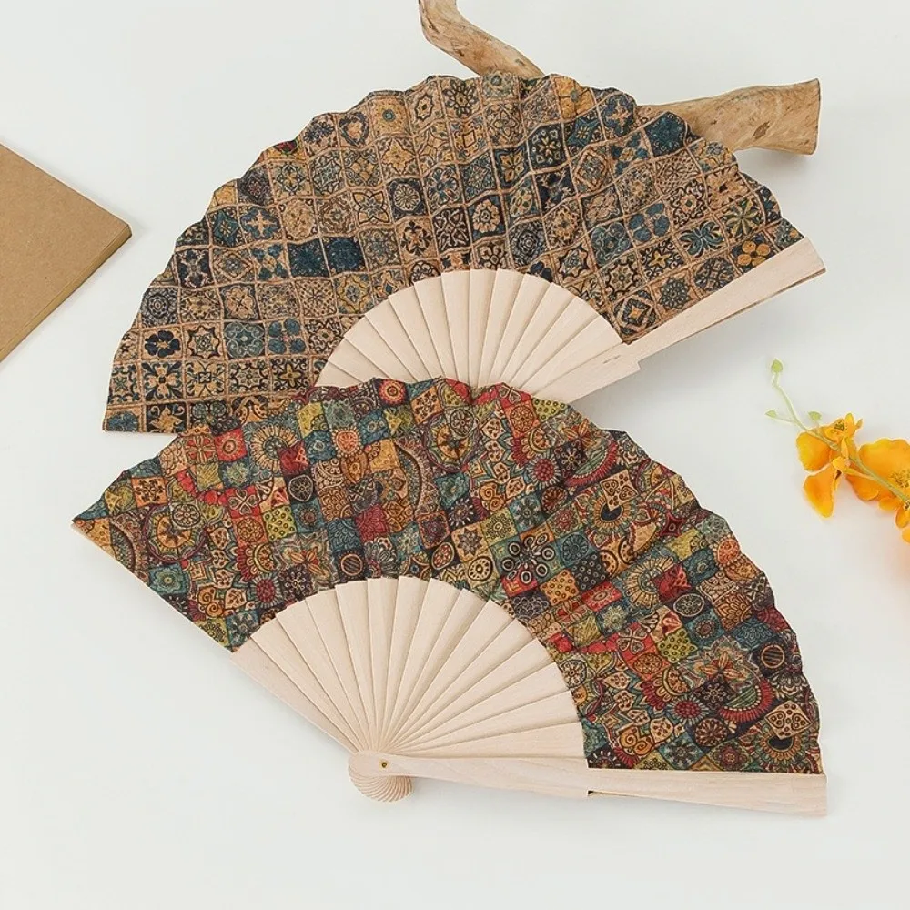 Vintage Bohemian Style Cork Folding Fan Graft Gift Props Hand Held Fan Home Decor Hand Folding Fan