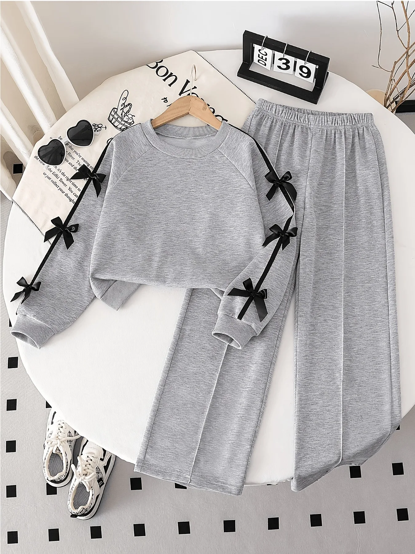 Kids Girls 2-Piece Sweat Outfit, Grey Raglan Long Sleeve Crew Neck Top With Side Black Bow Stripe & Elastic Waist Wide Leg Pants