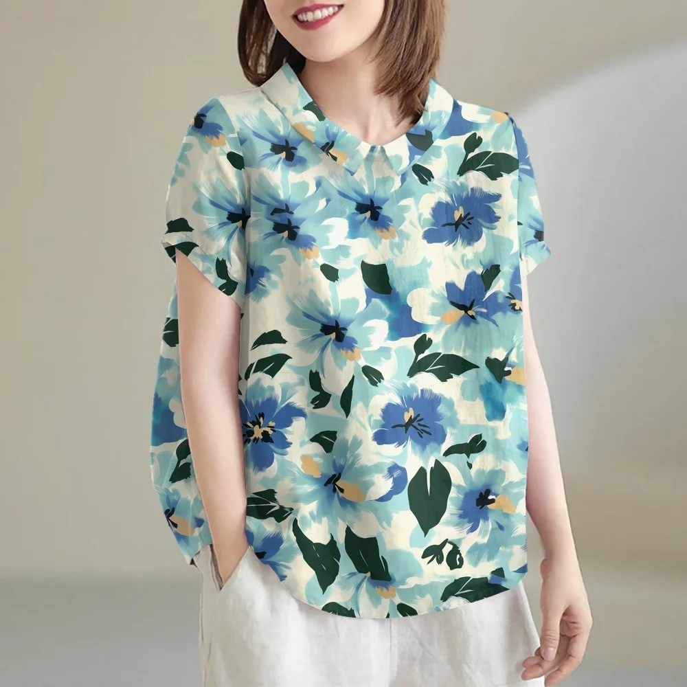 Женская летняя блузка, футболка с цветочным узором, новинка 2025 года, Гавайская блузка с коротким рукавом, модные повседневные пуловеры, женская одежда, топы