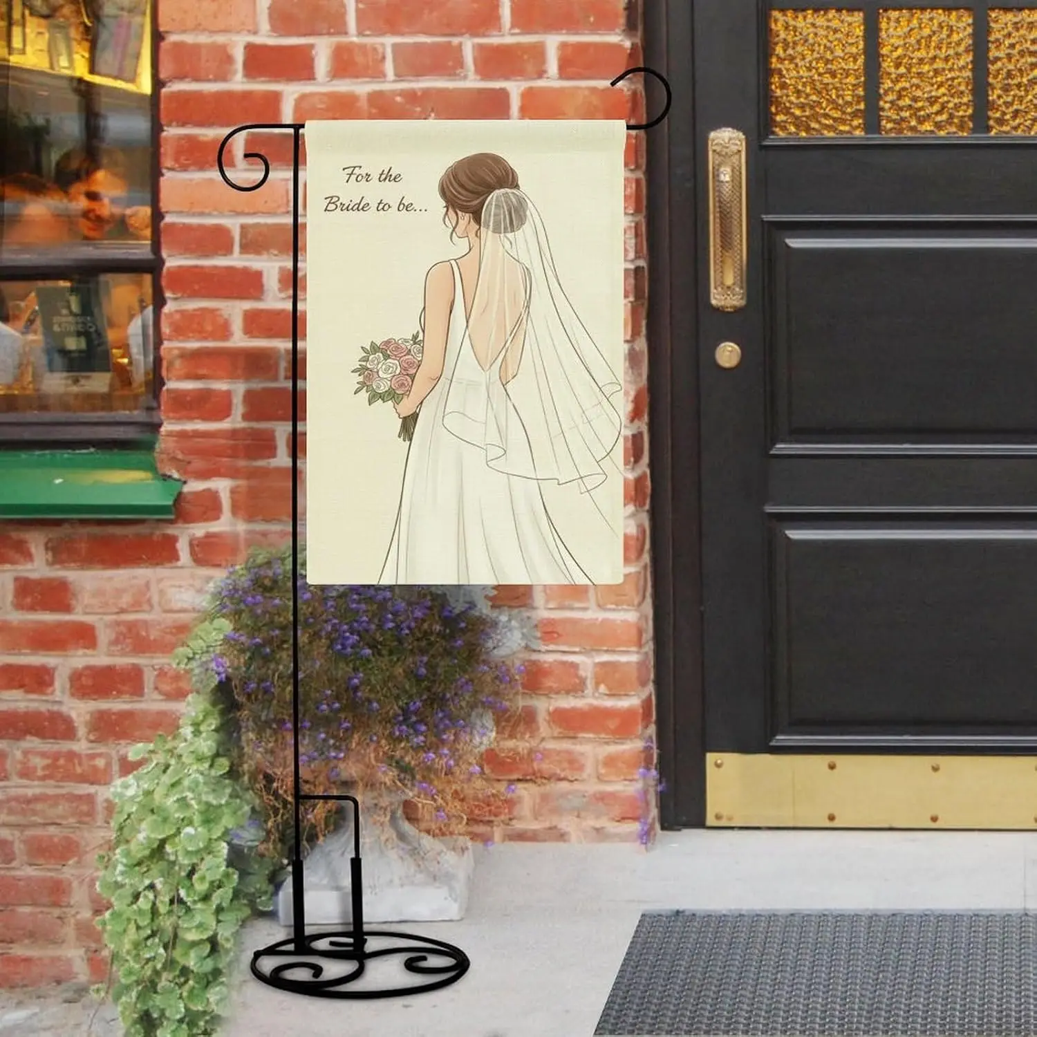 Minimalist Bride Portrait with Floral Bouquet for The Bride to Be Garden Flag - Linen Fabric, Perfect for Gardens And Outdoo AAS