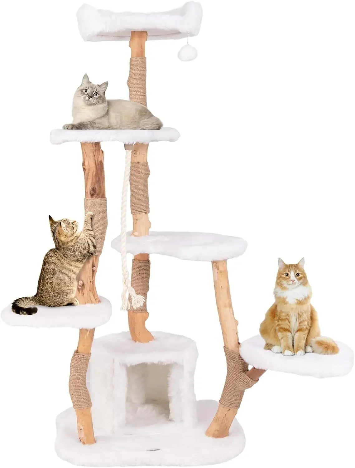 66 Inch Tall Wooden Cat Tree Tower, Multi-Level Cat Tower With Jute Scratching Posts, Sisal Rope, Cat Condo, And Dangling Ball|