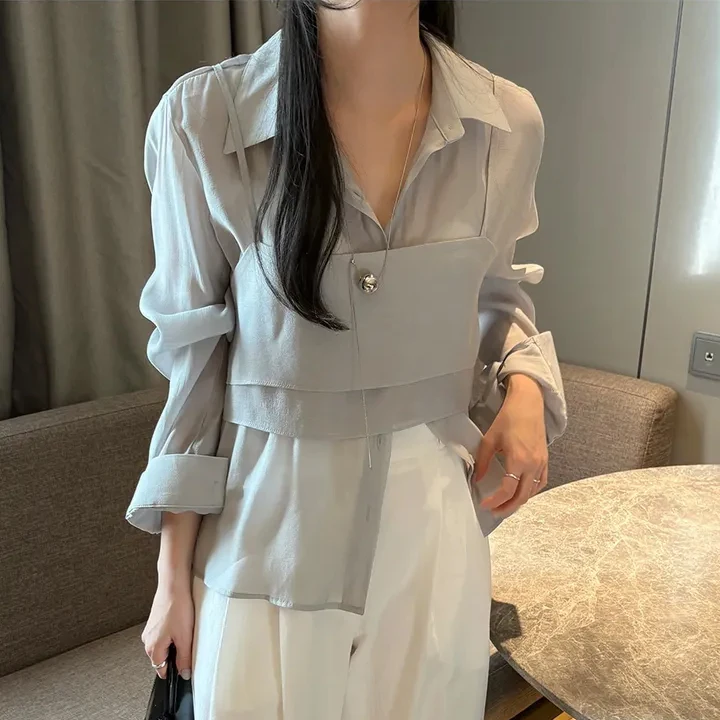Spring Gentle Design Short Sleeve Long Shirt Two-Piece Set Women's Soft Layering Korean Style Regular Fit Casual Outfit