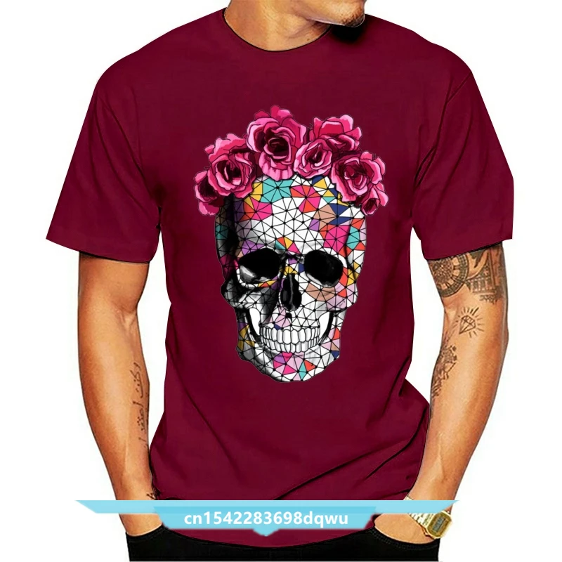 Mens White T-Shirt With Colourful Aztec Skull And Vibrant Two Tone Roses Design Graphic Tee Shirt