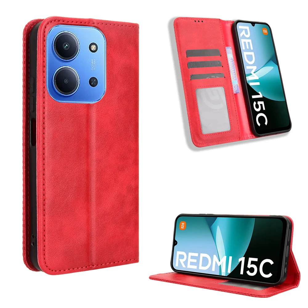 

Auroras For Redmi 15C 4G Flip Leather Retro Magnetic Bracket Card Bag Wallet Phone Case For Redmi 15C 4G Shell