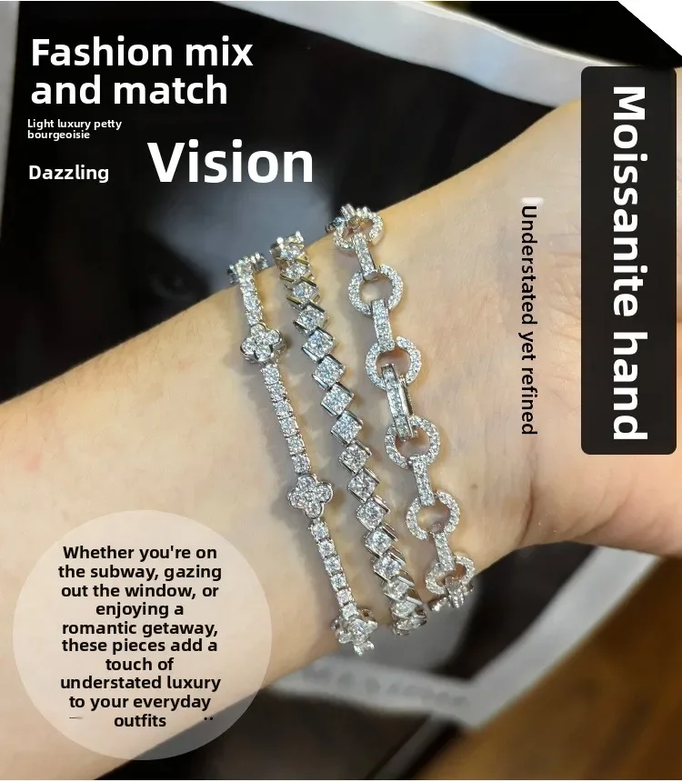 

S925 Sterling Silver Lucky 4-Leaf Clover & Full Row Moissanite Tennis Bracelet for Women, Dainty Fine Jewelry Gift