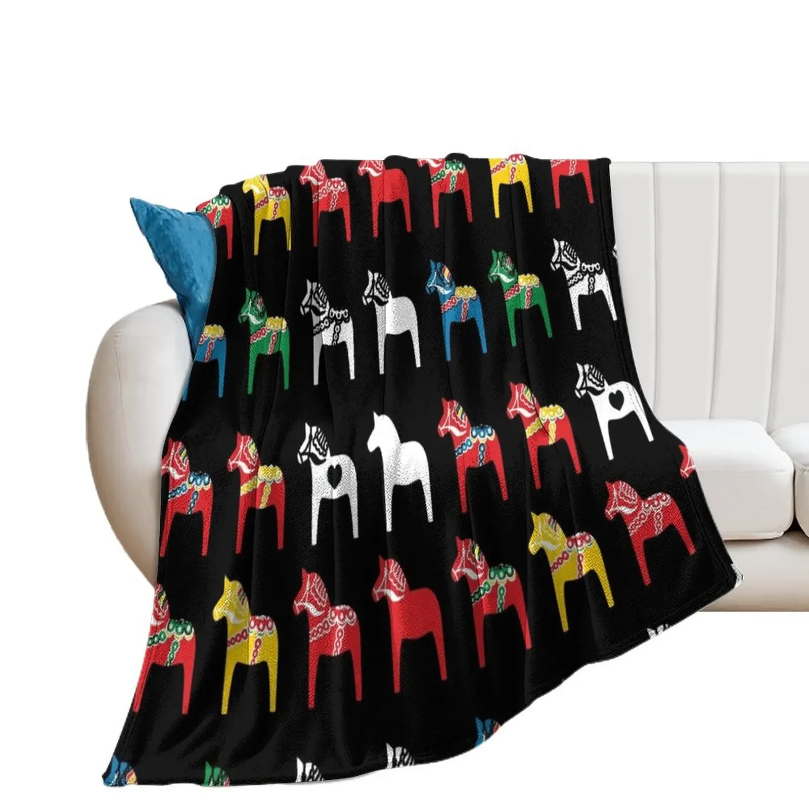 Dala Horses Dalarna Sweden Horse Dalecarlian Swedish Colorful Throw Blanket Shaggy warm for winter Warm Bed Fashionable Blankets