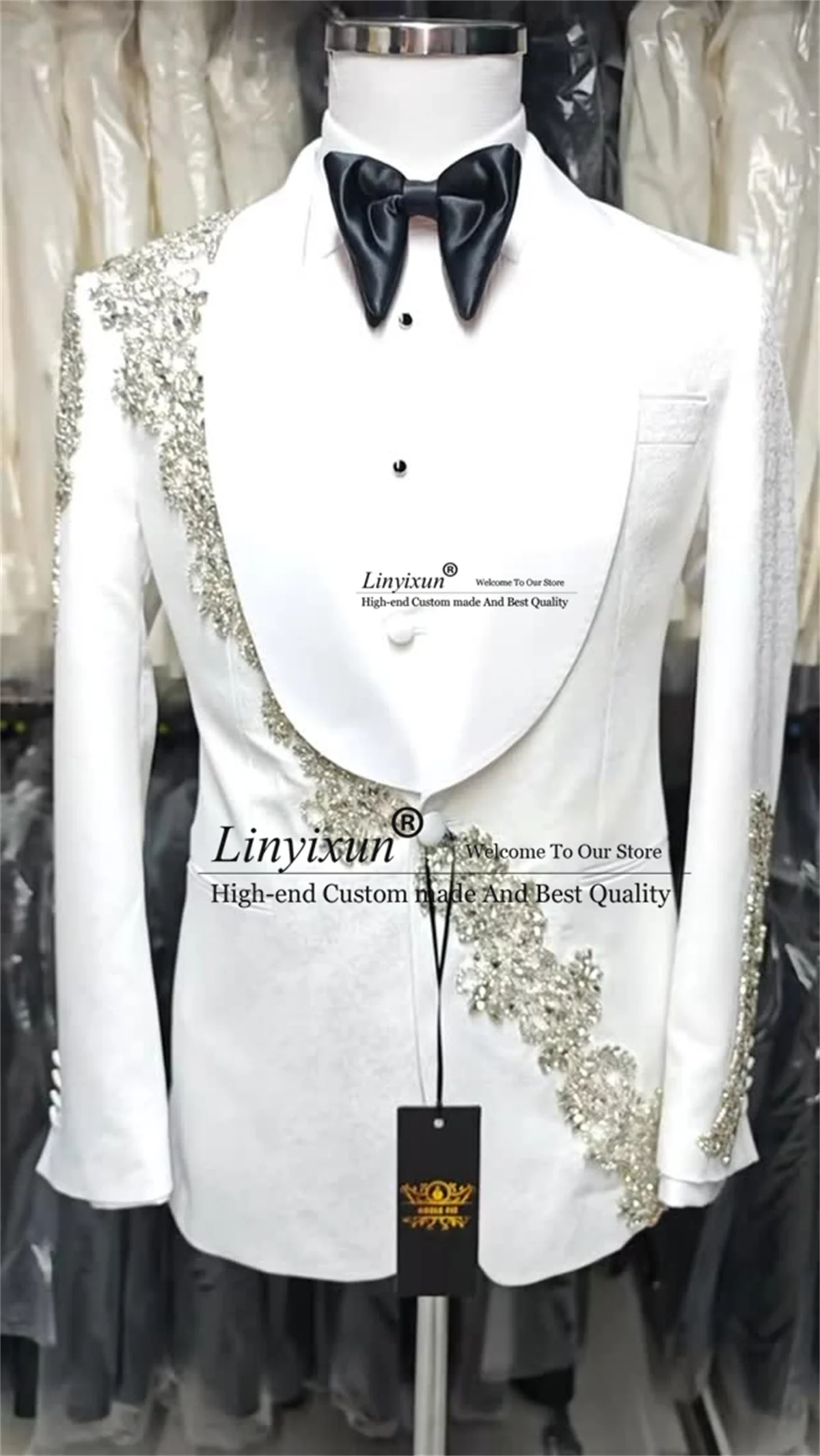 

Роскошные металлические аппликации свадебные костюмы для мужчин, индивидуальные смокинги для жениха, комплекты из 2 предметов, мужские пиджаки, модные жаккардовые пиджаки Ropa