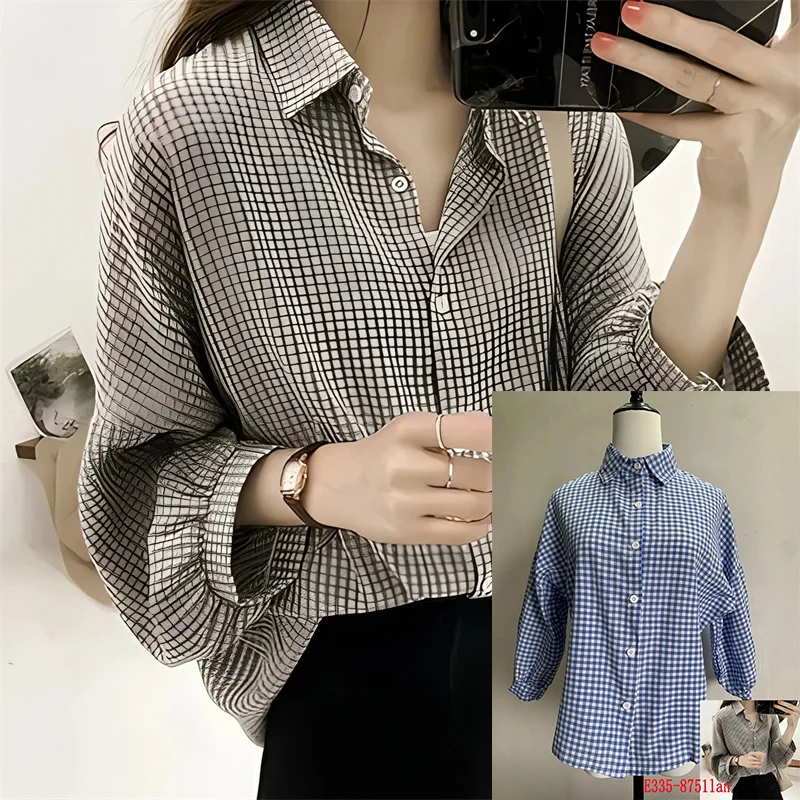 PLAZSON Loose New Spring Elegant Plaid Print Blouse Women Sexy Lapel Top Autumn Button Long Sleeve Shirt Streetwear