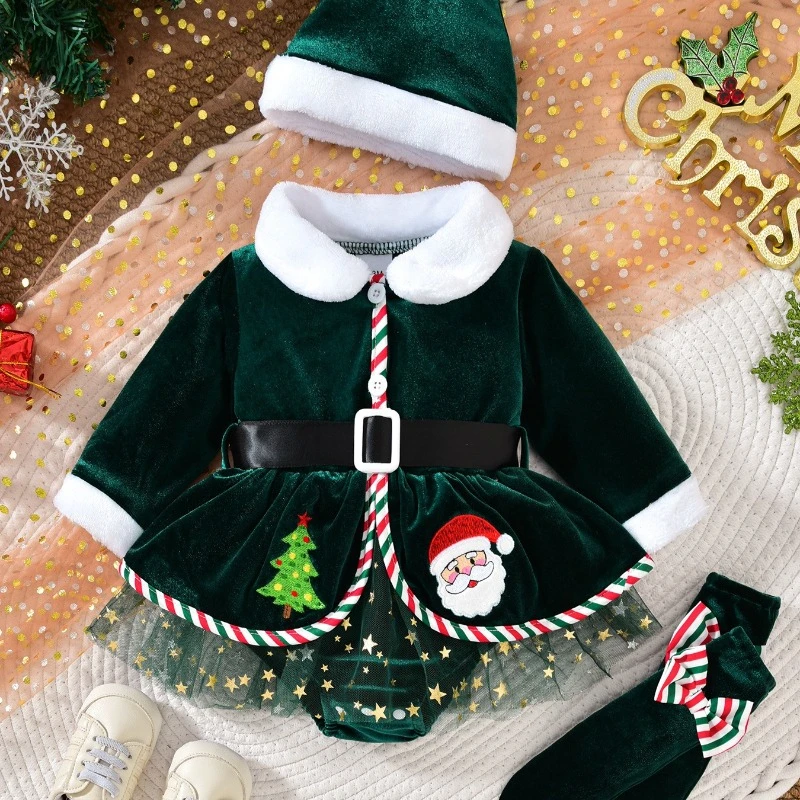 Baby Girl Christmas Santa Romper Dress Hat Set Red Velvet Candy Cane Tulle Newborn Infant Toddler Holiday Costume Outfit Clothes