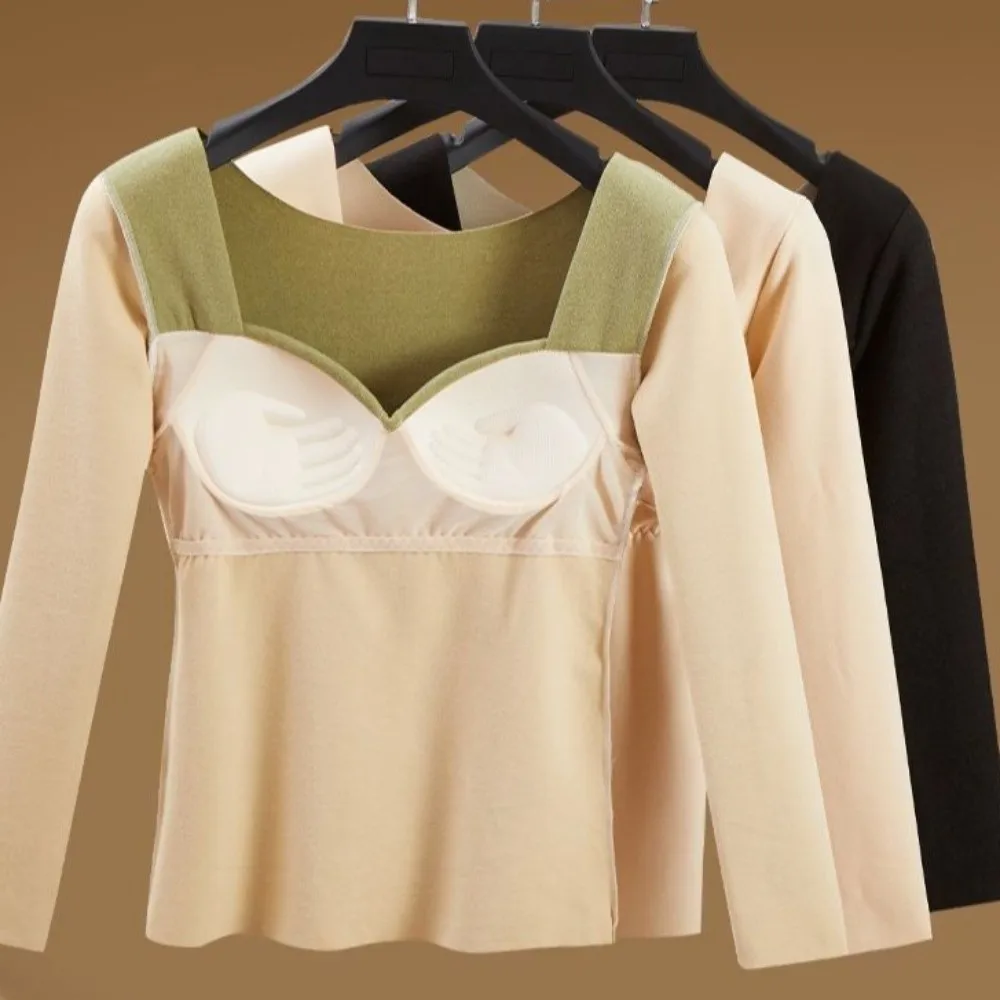 Keep Warm V Neck Women Thermal Clothes Solid Color Velvet Fleece Thermal Underwear Invisible Feel Heating Warmth Long Tops Lady