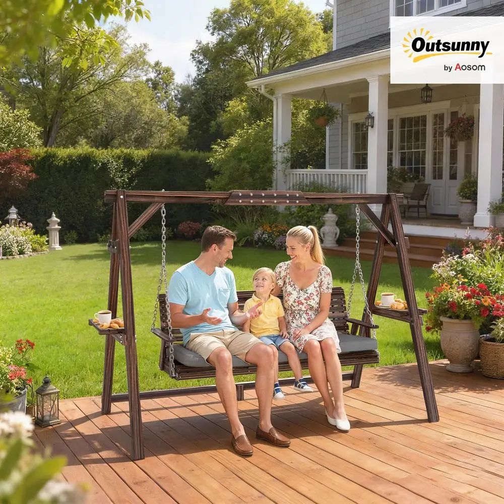3-Sitzer Veranda-Schaukel mit Gestell, Holz-Terrassenschaukel mit Kissen, Seitentischen und Metallketten, Gartenbank für den Außenbereich