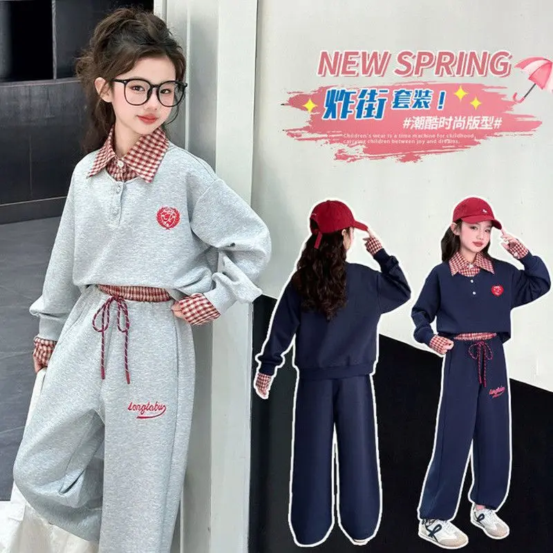 Teenager Girls Plaid Lapel Long Sleeve Set Fashion Tracksuit Autumn Casual Kids Sweatshirt Pants 2pcs Children Suit