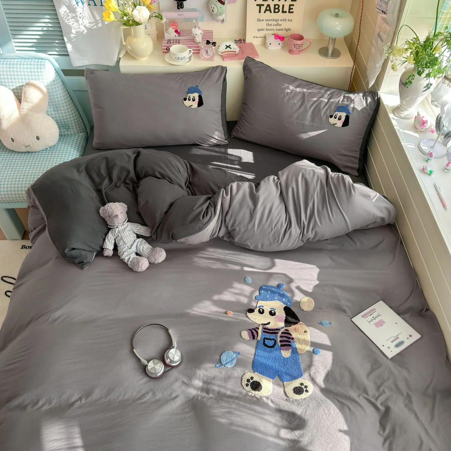 2026 New Grey Bedding Set Cartoon Dog, Skin-friendly Cover Set Lovely Animal, Single Queen Size for Kids Bedroom Dormitory Decor