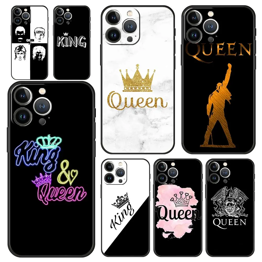 King Queen Lovers Couple Luxury Phone Case For iPhone 13 15 14 12 11 Pro MAX XR X SE XS 7 8 Plus Soft Black Protection Cover