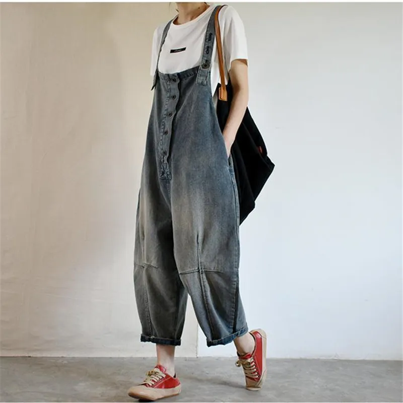 Denim Jumpsuits for Women Spring Summer Vintage Loose High Waist Blue Denim Pants Female Clothes Oversized Cross-Pants Overalls