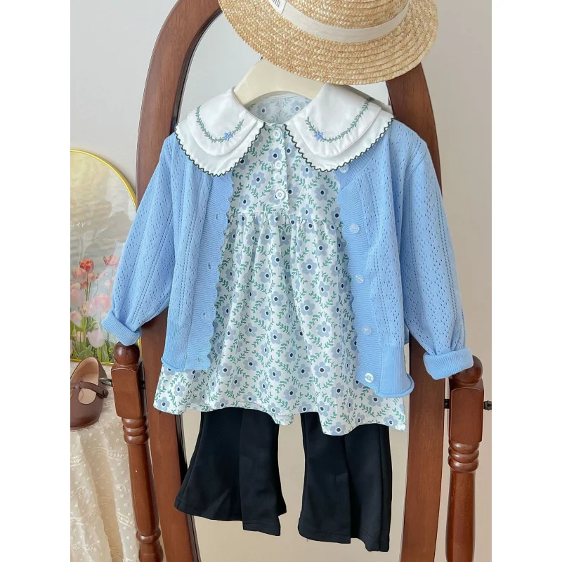 

Girls' Suit Skirt Autumn New Knitwear Cardigan Floral Dress Children's Pastoral Style Two-Piece Suit