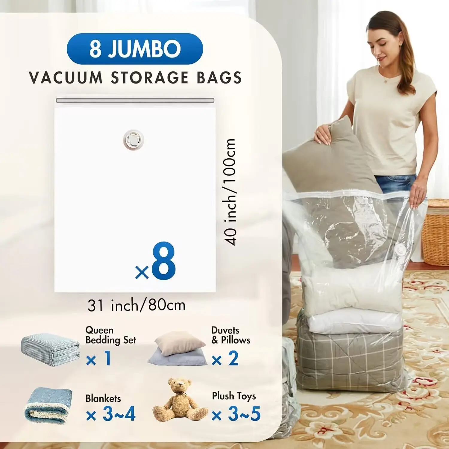 Set of 8 Jumbo Vacuum Storage Bags with Travel Hand Pump, Compression Sealer Bags for Clothing, Bedding, and More