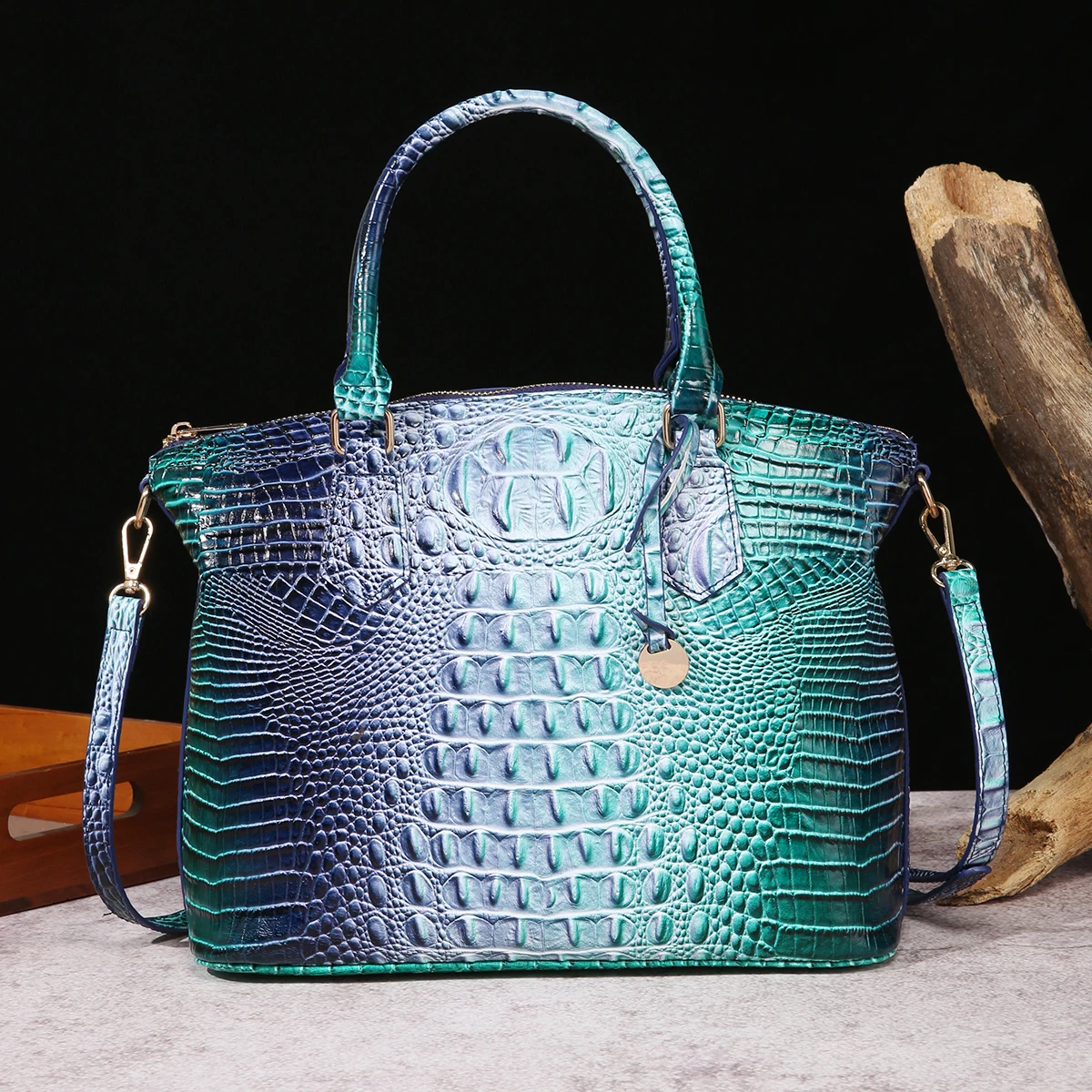 Crocodile Embossed Tote Bag Patent Leather Ombre Handbag Classic Style Satchel Purse Casual Large Crossbody Bag