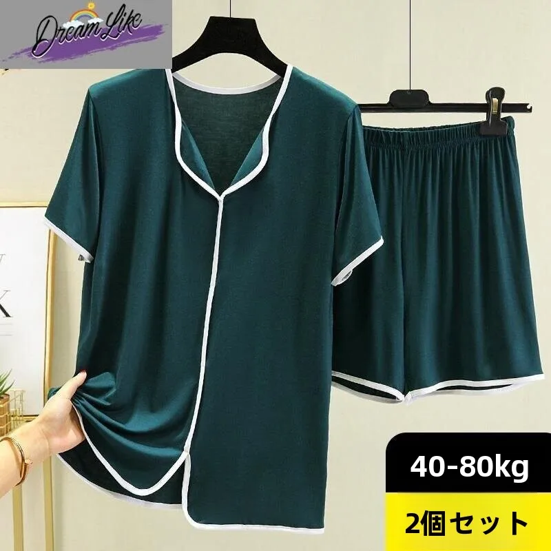 モーダルパジャマ女性夏-v-ネック薄いホーム服セットルーズフィット半袖ショートパンツ-2-点セット快適な通気性
