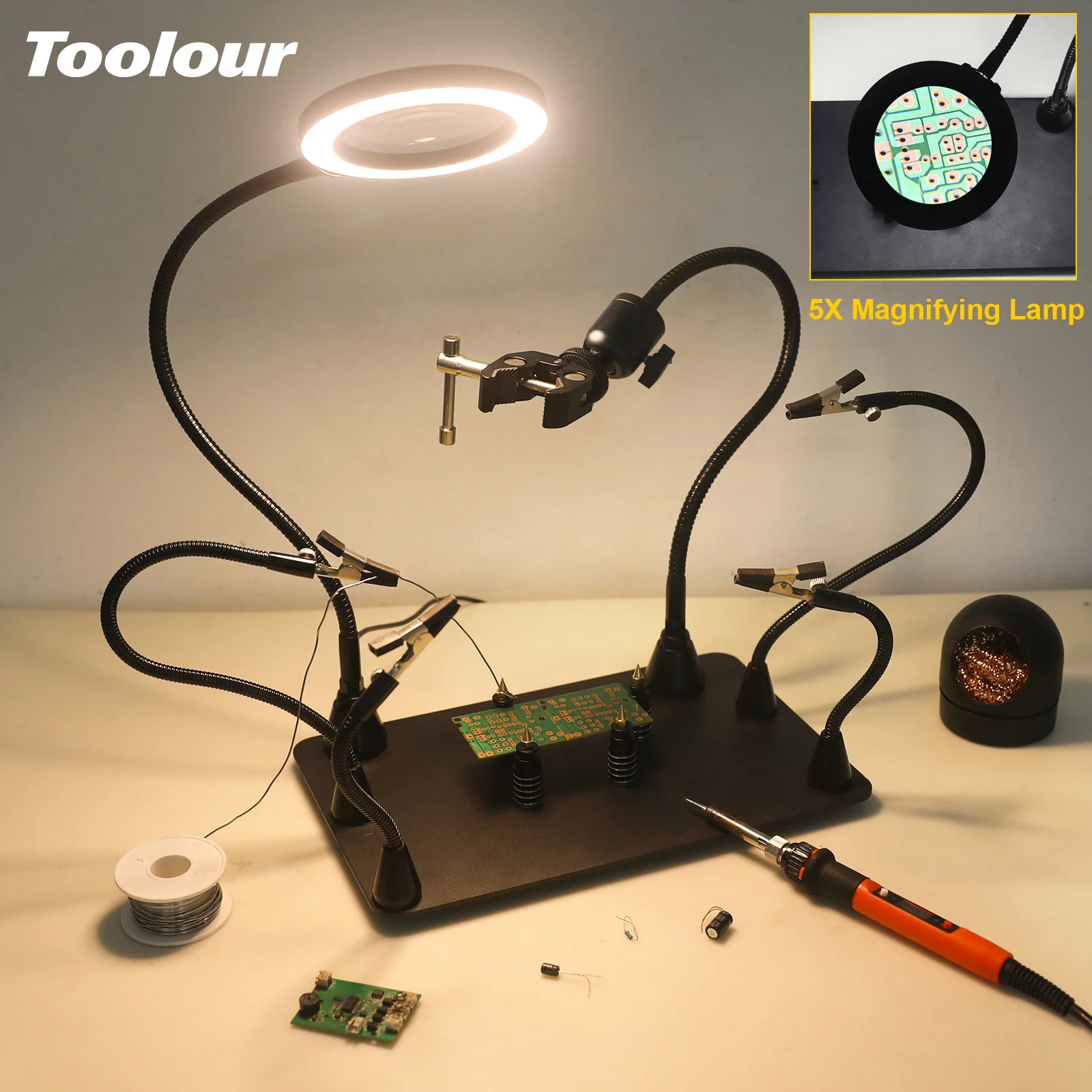 

Toolour Magnetic Soldering Helping Hands with 5X Magnifying Lamp 360 Hot Air Gun Holder 4 PCB Holder for Repair Solder Station