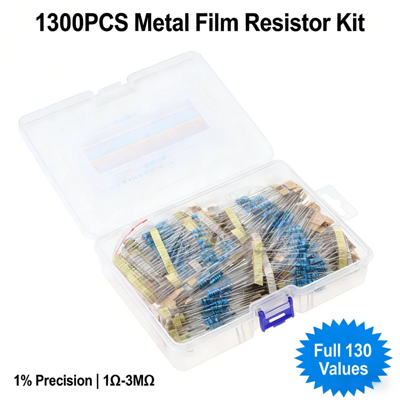 1300PCS 1/2W 1% Precision Metal Film Resistors, 1Ω-3MΩ 130 Values Full Coverage, Electronic DIY & Circuit Debugging Kit