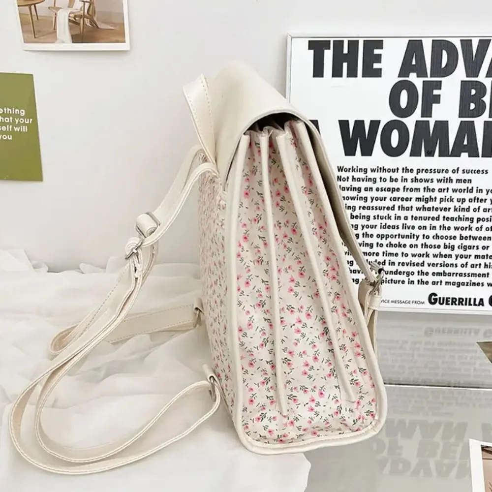 Handbag Fashion Flap Backpack Large-Capacity College Style PU Leather Flip School Bag Square Aesthetic Flower School Bagpack