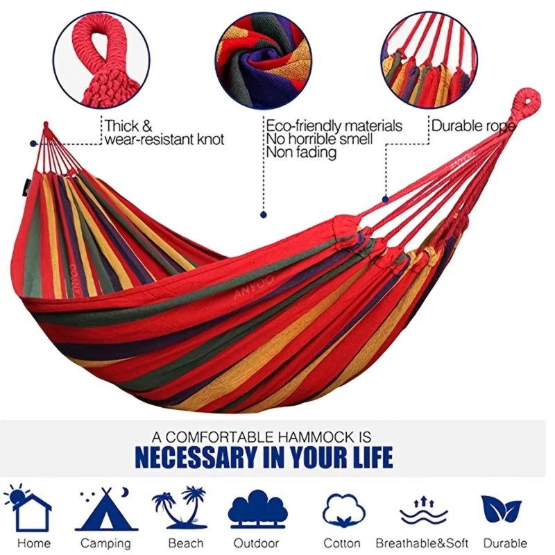 1-2 Person Cotton Rainbow Hanging Bed Capacity Stripe Hammock Swing Portable 260*80cm for Outdoor Indoor with Carry Bag