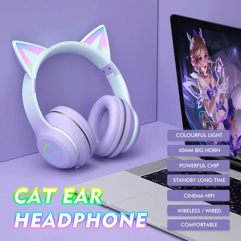 Cute Cat Bluetooth Light Headphones Wireless Bluetooth Earphone with HD Mic Hifi Stereo Music Gamer Headsets gifts for kids