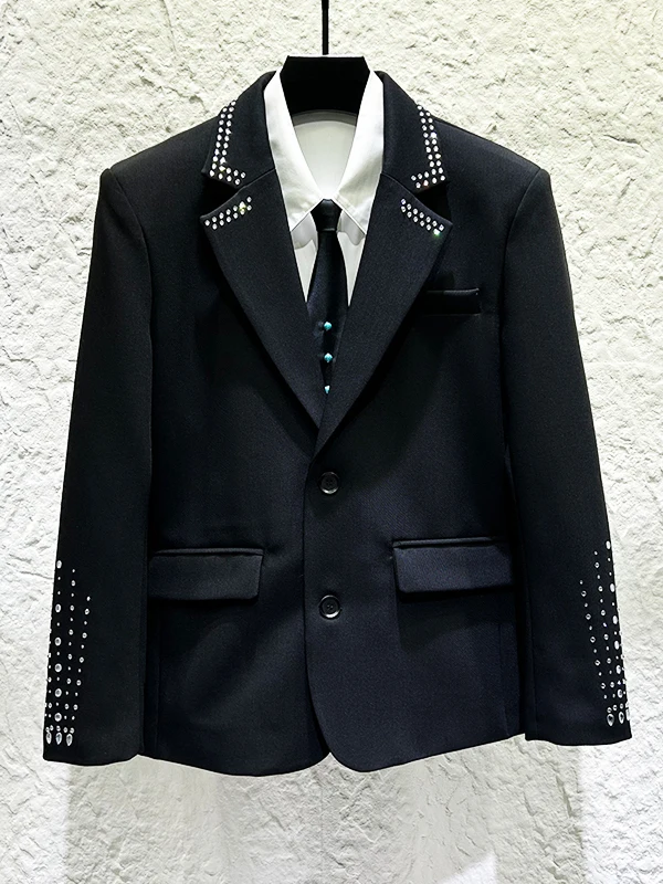 

Fashionable Black Casual Men's Suit Jacket Spring New Arrival Diamond Embellished Luxury High-End Style Streetwear Coat