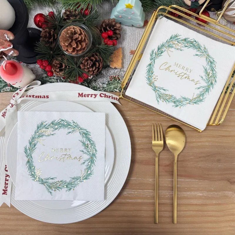 16pcs 33 * 33cm 3-layer Christmas Wreath Gold Stamping Napkins Christmas Disposable Table Mat DIY Decoupage Paper