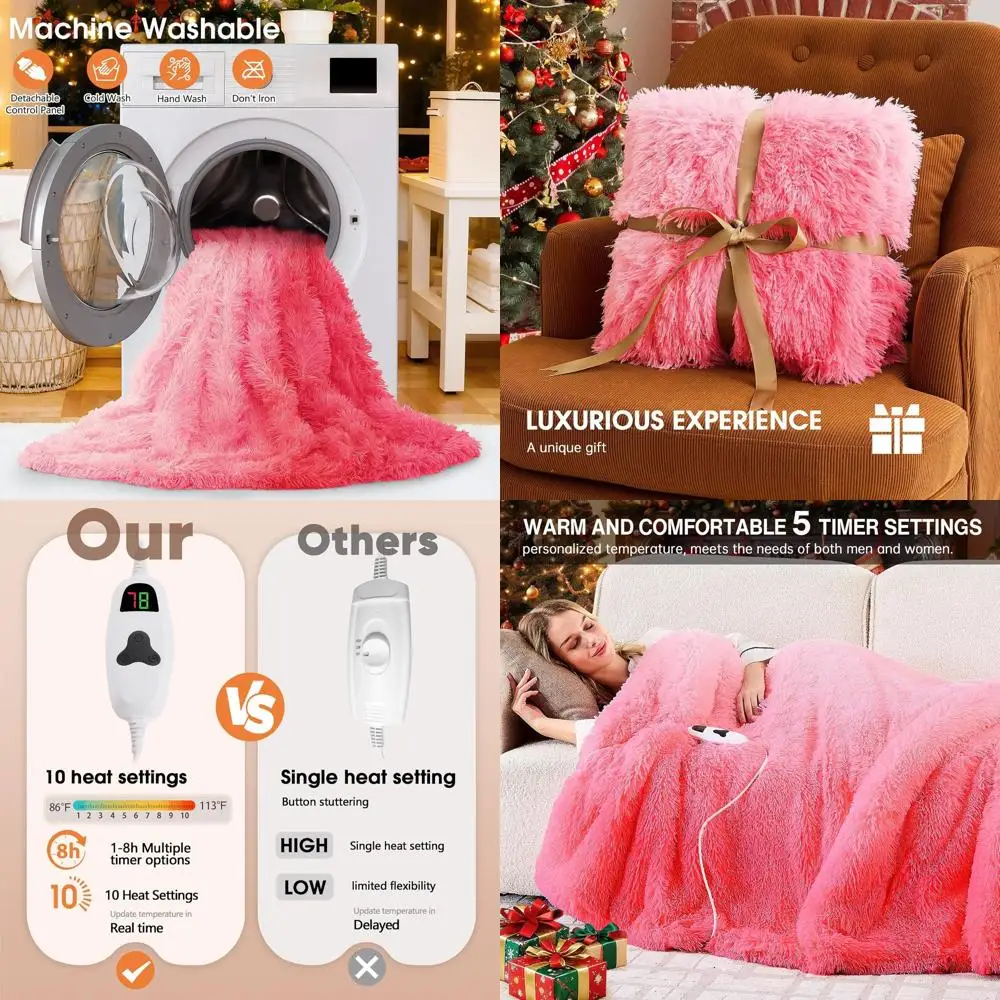 

Уютное электрическое одеяло из искусственного меха шерпа с 10 режимами нагрева и 5 режимами таймера, идеальный зимний подарок для женщин и пожилых людей, 50x60, нежно-розовый