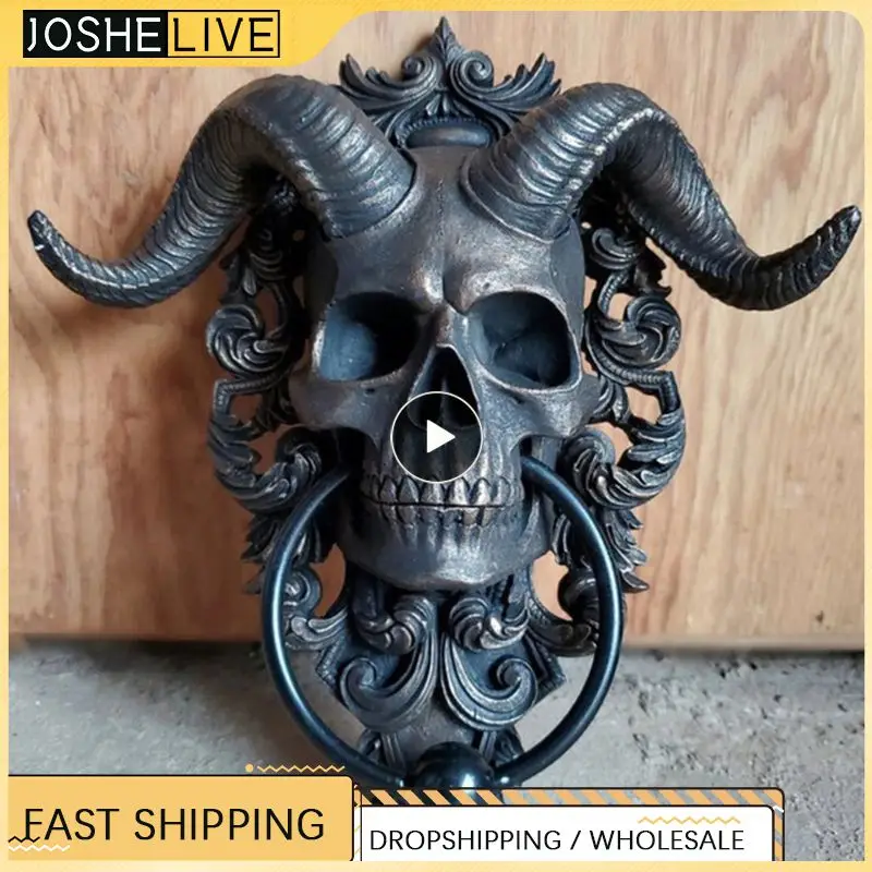 Horned Skull Statues Hanging Door Knocker Vintage Iron Shofar Heavy Duty Gothic Doorknocker Door Handle Perfect Decoration Home