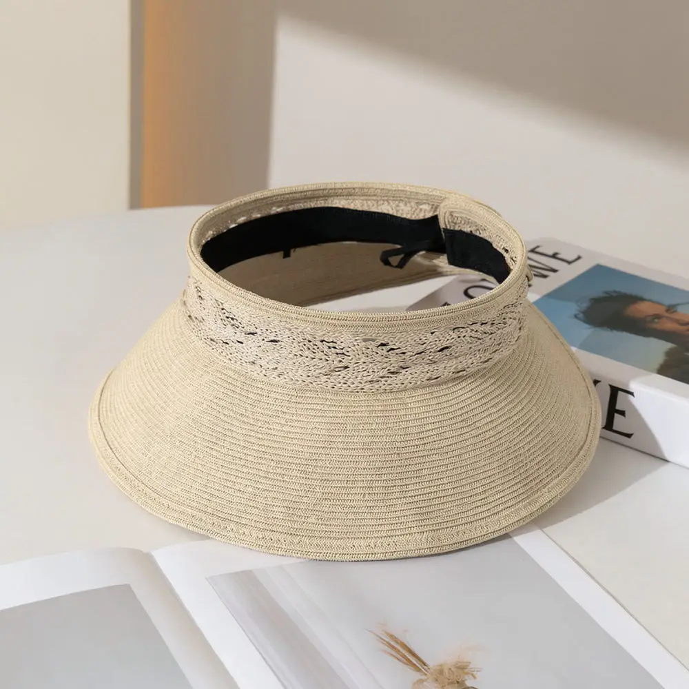 Fashionable Raffia Empty Top Hat Women Wide Brim Sunshade Cap Breathable Hollow Crochet Beach Travel Summer Accessory